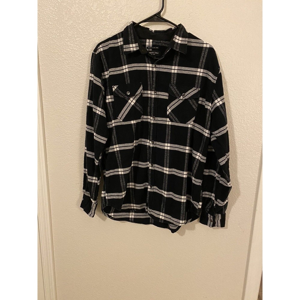 Kenneth Cole Slim Fit Flannel Shirt Men’s L Black White Plaid Long Sleeve UB221